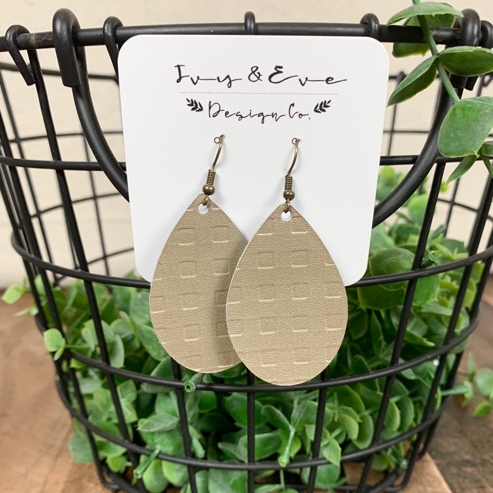 Genuine Leather Gold Plaid Embossed Earrings